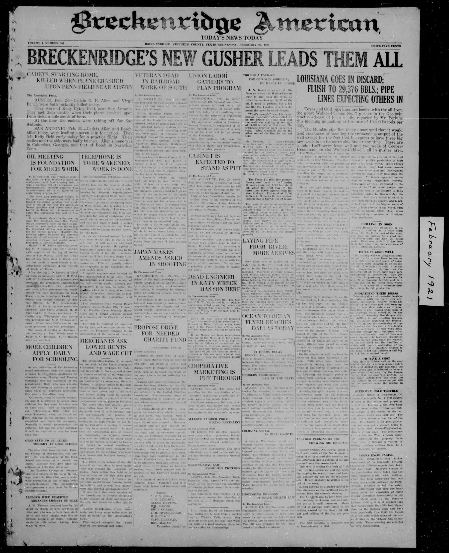 Breckenridge American (Breckenridge, Tex), Vol. 1, No. 204, Ed. 1, Wednesday, February 23, 1921
                                                
                                                    [Sequence #]: 1 of 4
                                                