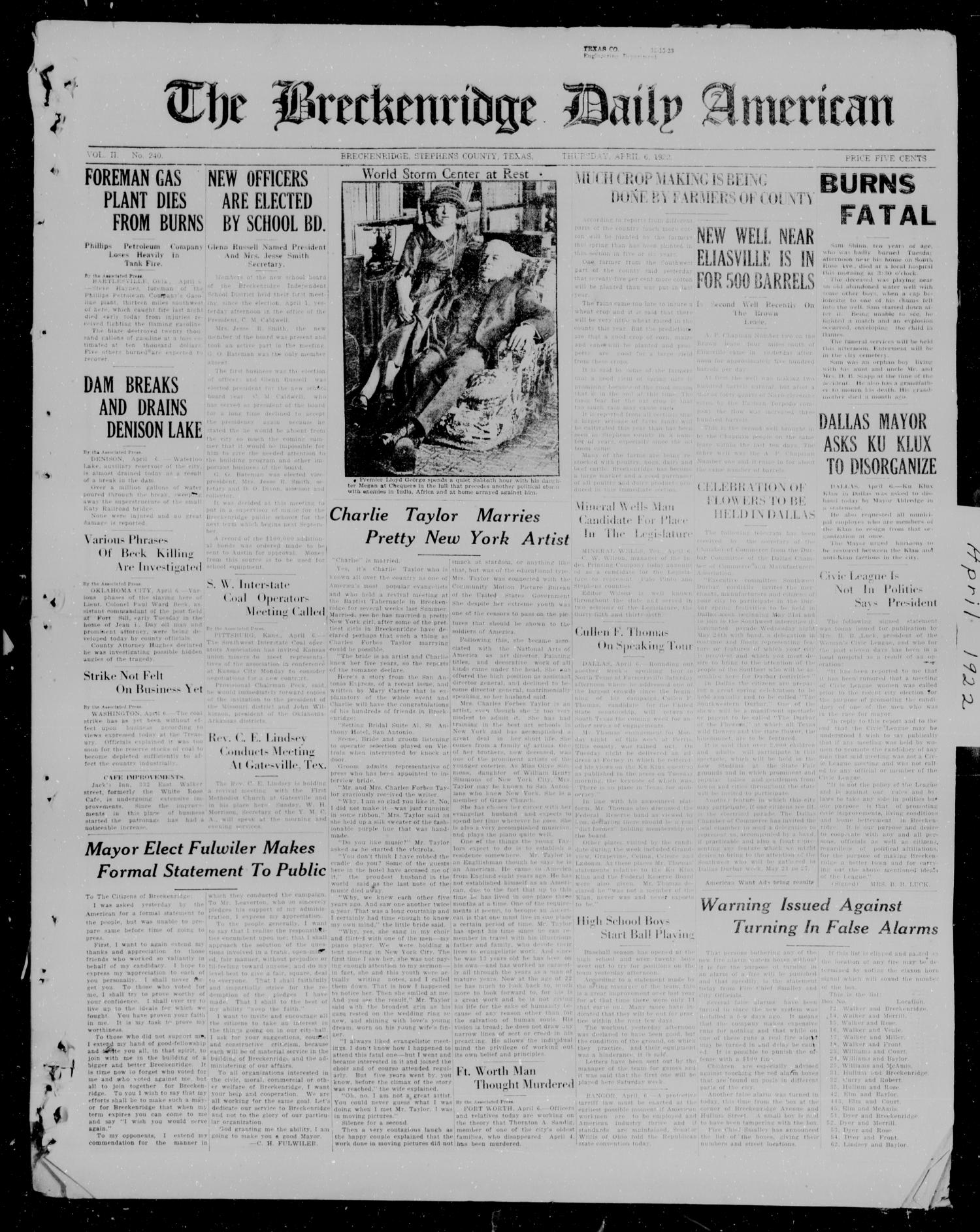 The Breckenridge Daily American (Breckenridge, Tex), Vol. 2, No. 240, Ed. 1, Thursday, April 6, 1922
                                                
                                                    [Sequence #]: 1 of 4
                                                