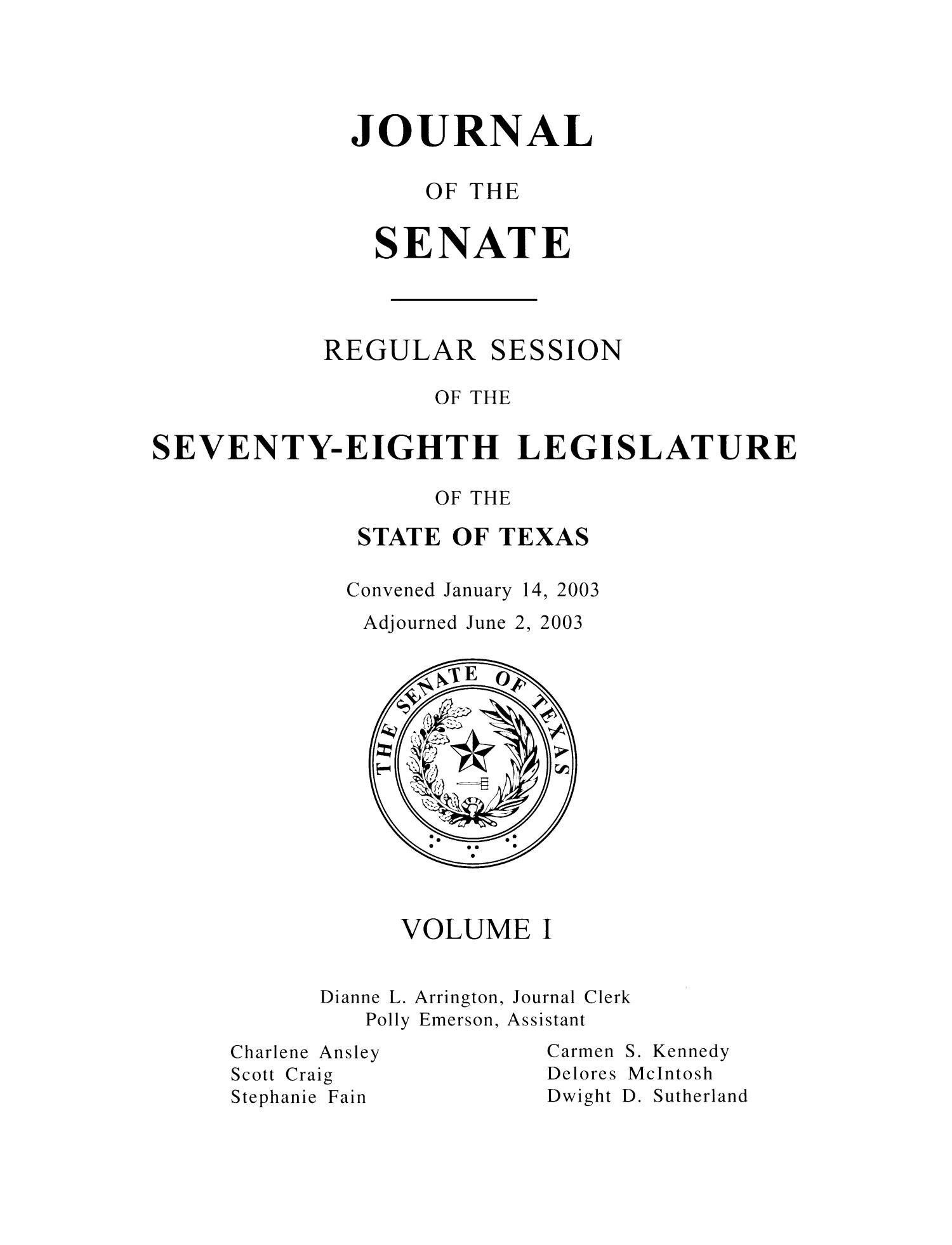 Journal of the Senate, Regular Session of the Seventy-Eighth Legislature of the State of Texas, Volume 1
                                                
                                                    Title Page
                                                