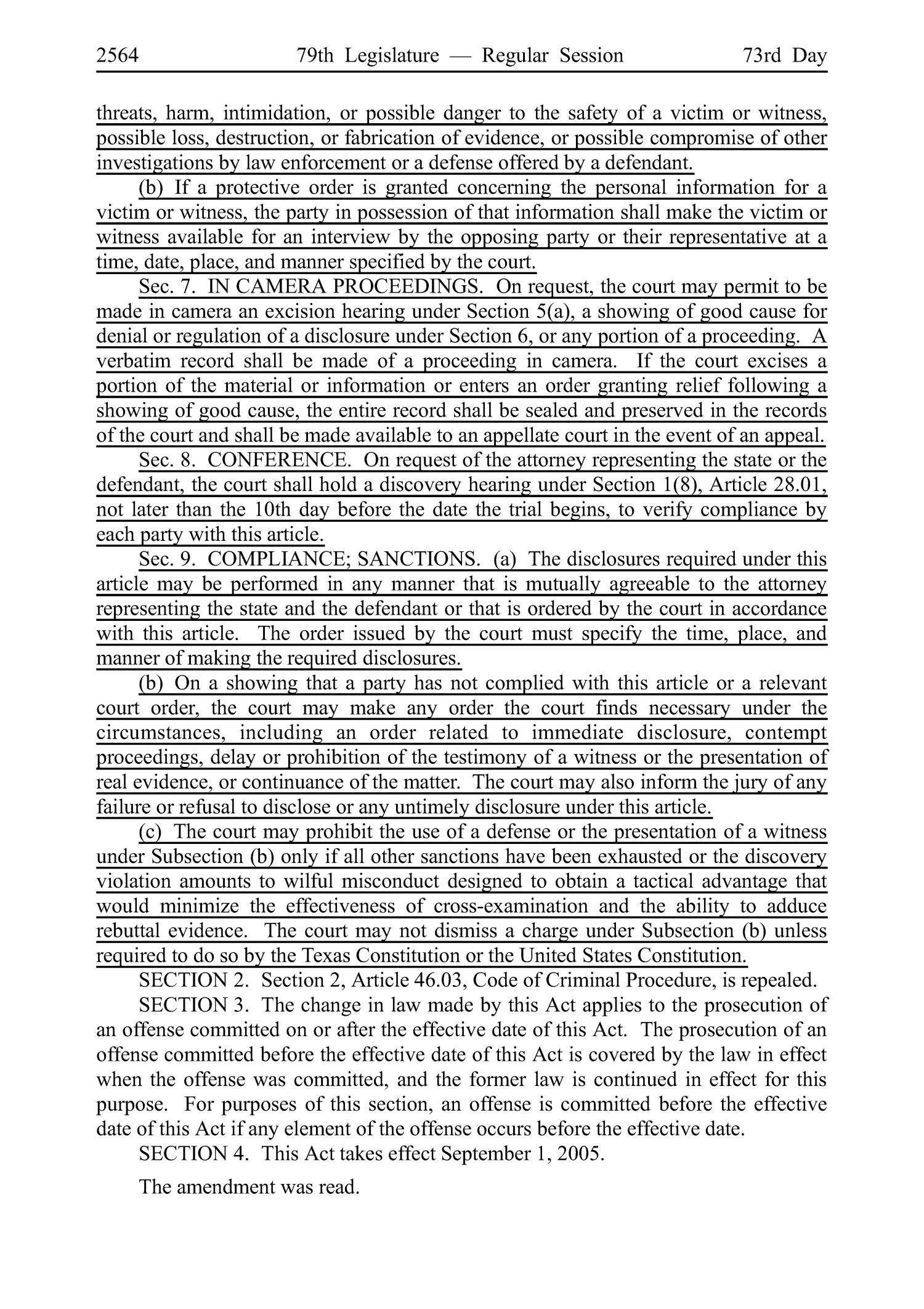 Journal of the Senate, Regular Session of the Seventy-Ninth Legislature of the State of Texas, Volume 3
                                                
                                                    2564
                                                