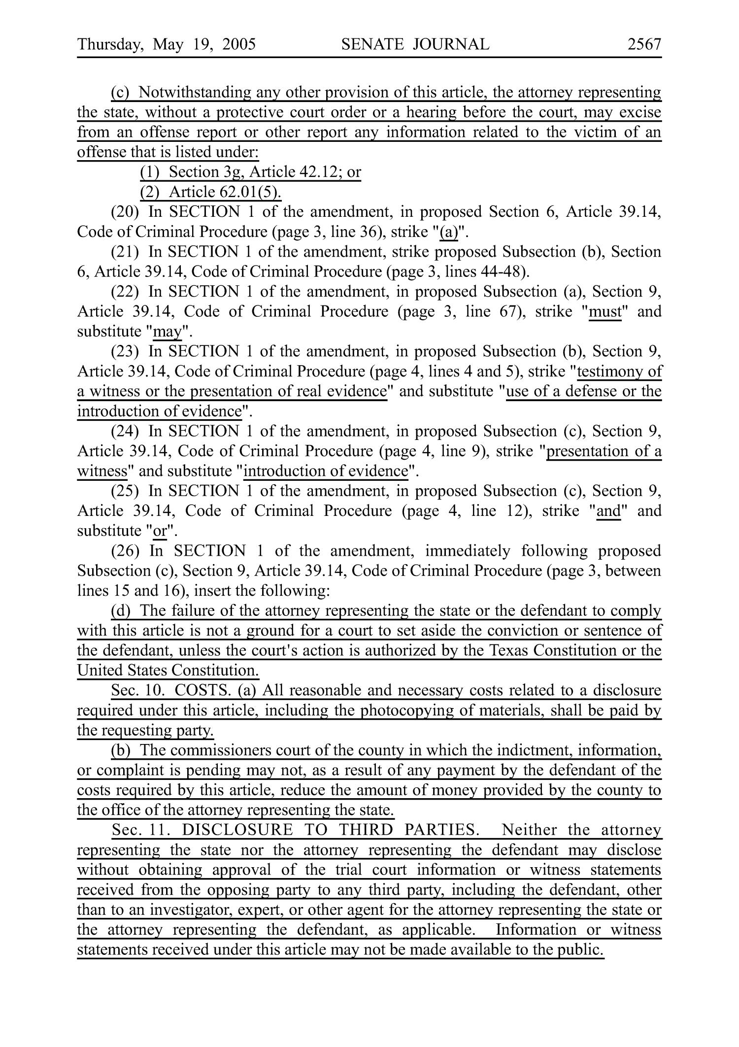 Journal of the Senate, Regular Session of the Seventy-Ninth Legislature of the State of Texas, Volume 3
                                                
                                                    2567
                                                
