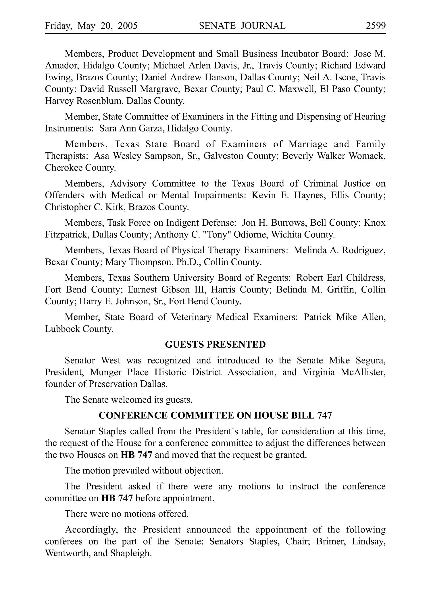 Journal of the Senate, Regular Session of the Seventy-Ninth Legislature of the State of Texas, Volume 3
                                                
                                                    2599
                                                