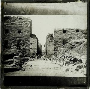 Primary view of object titled 'Glass Slide of Rams-head Sphinxes at Temple to Amun  at Karnak (Egypt)'.