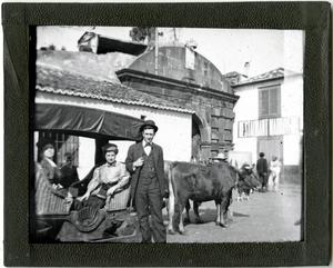 Primary view of object titled 'Glass Slide of Women in Sledge Pulled by Oxen'.