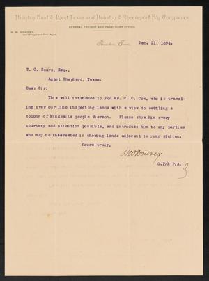 Primary view of object titled '[Letter from H. W. Downey to T. C. Sears, February 21, 1894]'.
