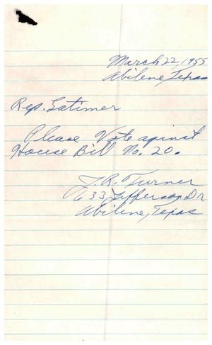 Primary view of object titled '[Letter from J. R. Turner to Truett Latimer, March 24, 1955]'.