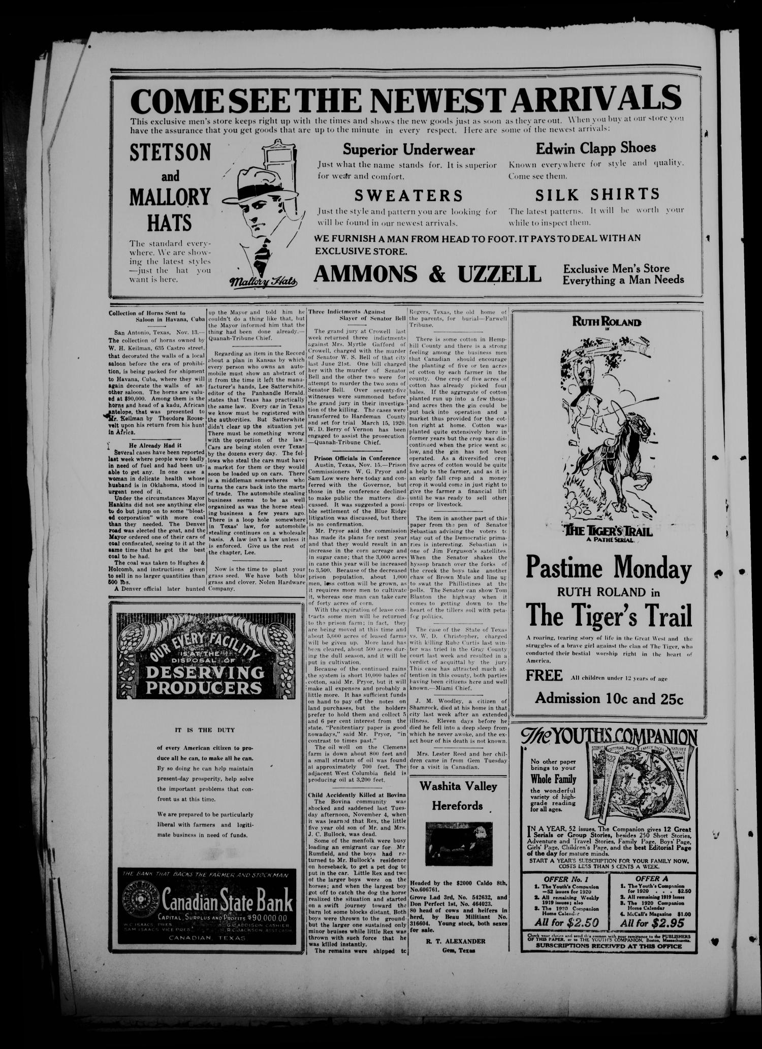 The Canadian Record (Canadian, Tex.), Vol. 27, No. 7, Ed. 1  Thursday, November 20, 1919
                                                
                                                    [Sequence #]: 2 of 10
                                                