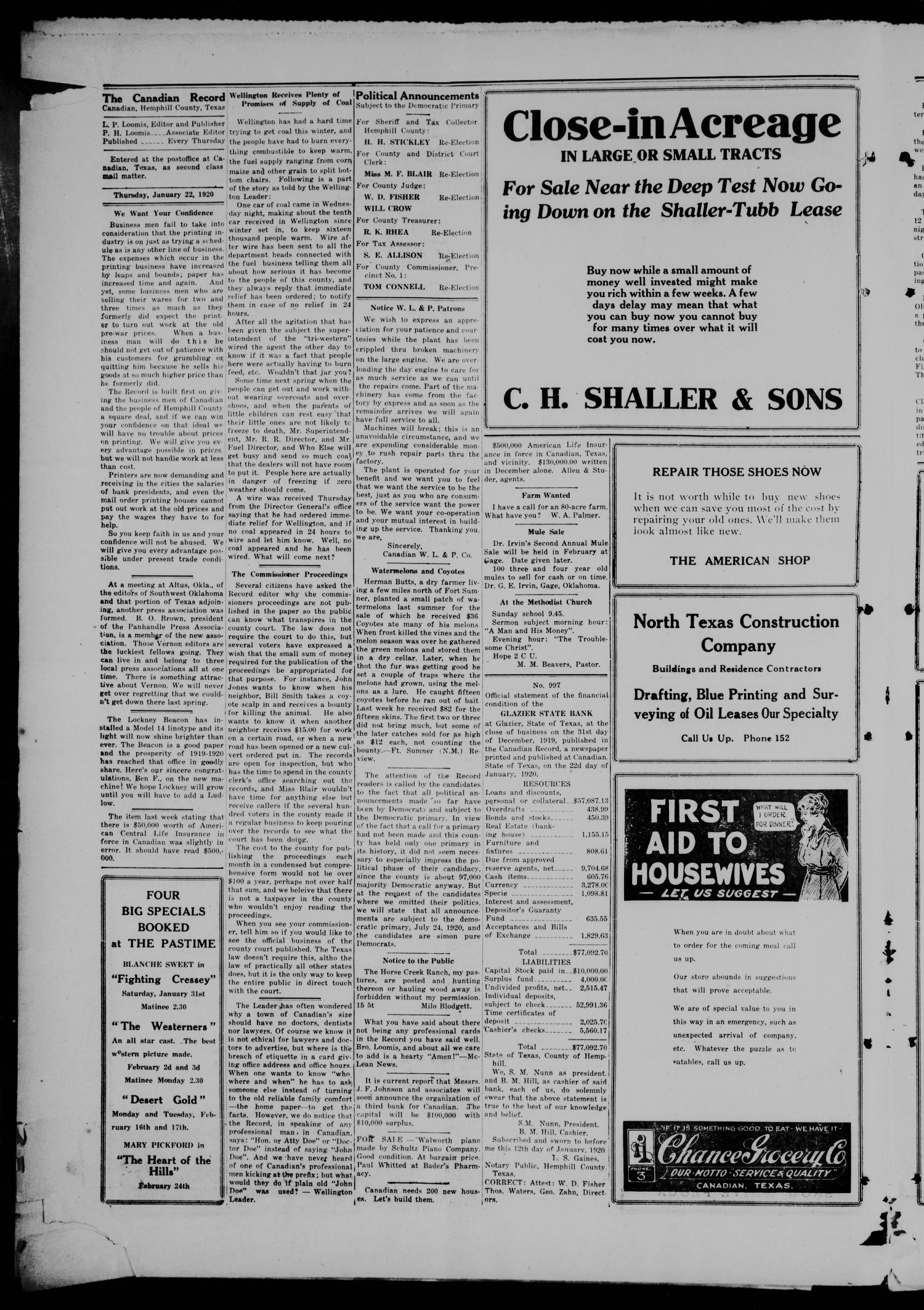 The Canadian Record (Canadian, Tex.), Vol. 27, No. 16, Ed. 1  Thursday, January 22, 1920
                                                
                                                    [Sequence #]: 4 of 8
                                                