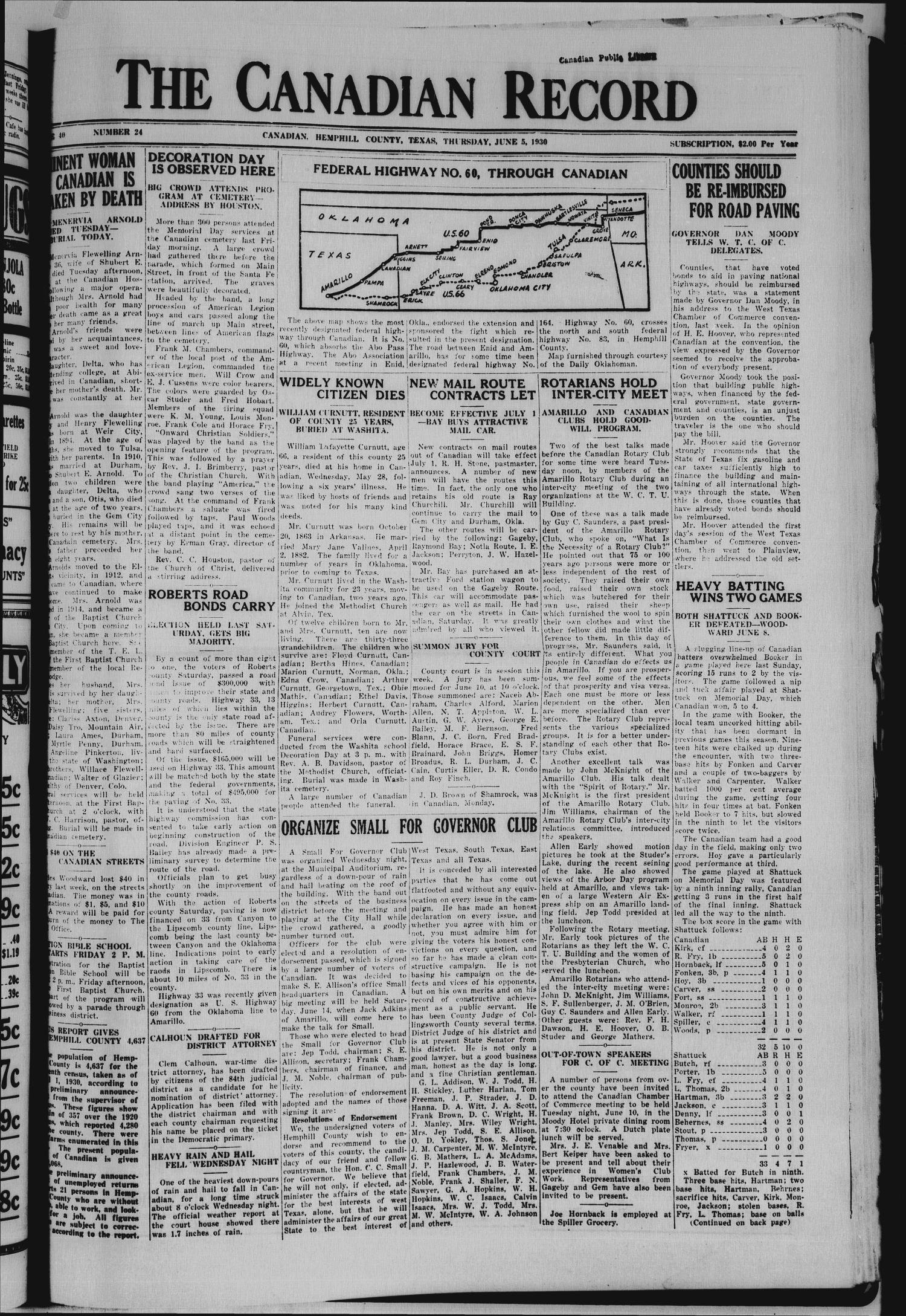 The Canadian Record (Canadian, Tex.), Vol. 40, No. 24, Ed. 1  Thursday, June 5, 1930
                                                
                                                    [Sequence #]: 1 of 14
                                                