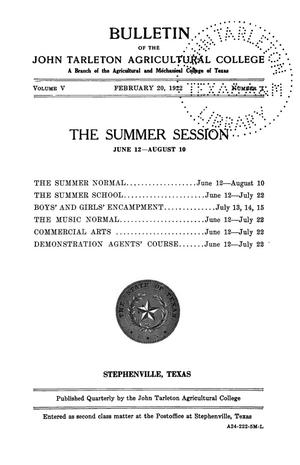Primary view of object titled 'Catalog of John Tarleton Agricultural College, Summer Session, 1922'.