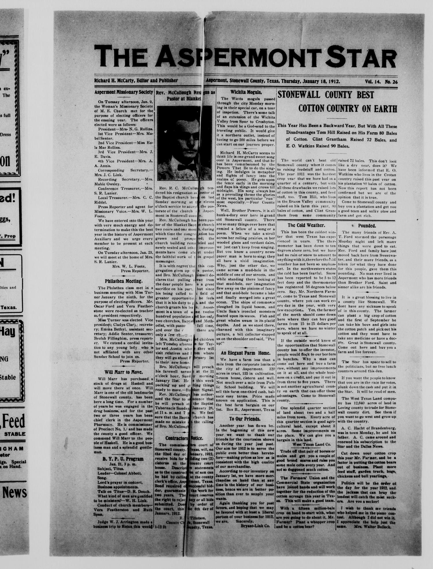 The Aspermont Star (Aspermont, Tex.), Vol. 14, No. 26, Ed. 1  Thursday, January 18, 1912
                                                
                                                    [Sequence #]: 1 of 2
                                                