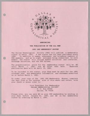 [Flyer Announcing the 1991 Dallas Genealogical Society Membership Roster]