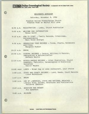 Dallas Genealogical Society Beginners Workshop, November 8, 1986