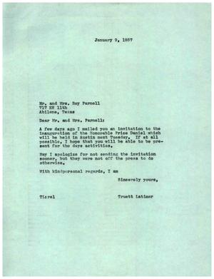 Primary view of object titled '[Letter from Truett Latimer to Mr. and Mrs. Roy Parnell, January 9, 1957]'.