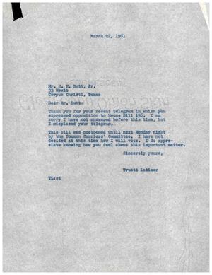 Primary view of object titled '[Letter from Truett Latimer to H. E. Butt Jr., March 22, 1961]'.