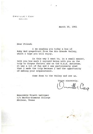 Primary view of object titled '[Letter from Orville I. Cox to Truett Latimer, March 30, 1961]'.