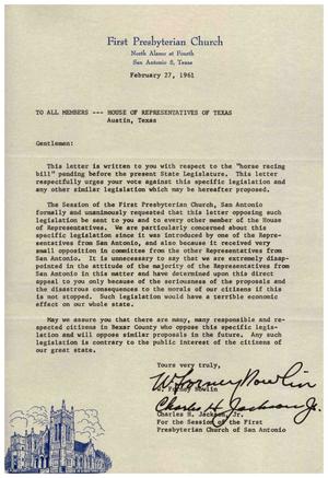 Primary view of object titled '[Letter from W. F. Nowlin and C. H. Jackson, Jr. to the Members of the House of Representatives, February 27, 1961]'.