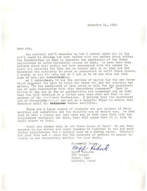 Primary view of object titled '[Letter from Cliff Roberts, December 11, 1960]'.