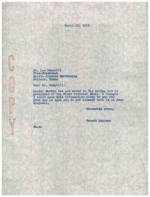 Primary view of object titled '[Letter from Truett Latimer to Lee Hemphill, March 16, 1961]'.