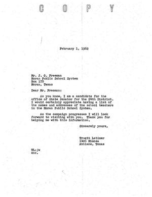 Primary view of object titled '[Letter from Truett Latimer to J. G. Freeman, February 1, 1962]'.