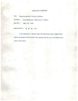 Primary view of object titled '[Memorandum from James Goldsum to Truett Latimer, May 19, 1961]'.