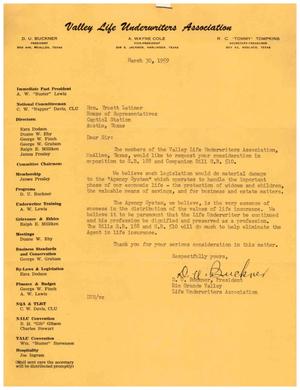 Primary view of object titled '[Letter from D. U. Buckner to Truett Latimer, March 30, 1959]'.