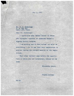 Primary view of [Letter from Truett Latimer to O. A. Kimbrough, May 3, 1961]