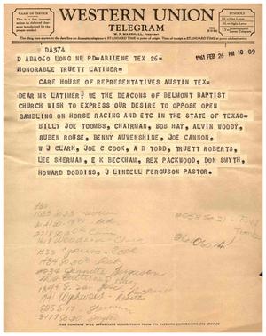 Primary view of object titled '[Telegram from the Deacons of Belmont Baptist Church, February 26, 1961]'.
