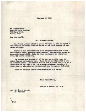 Primary view of object titled '[Letter from Stanton J. Barron, Jr. to Truett Latimer, February 12, 1960]'.