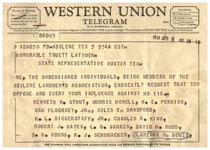 Primary view of object titled '[Telegram from Members of the Abilene Landmen's Association, April 5, 1961]'.