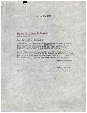 Primary view of object titled '[Letter from Truett Latimer to Mr. and Mrs. James E. Chesshir, April 27, 1959]'.