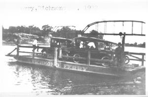 Primary view of object titled '[Automobiles on the Richmond Ferry across the Brazos River]'.