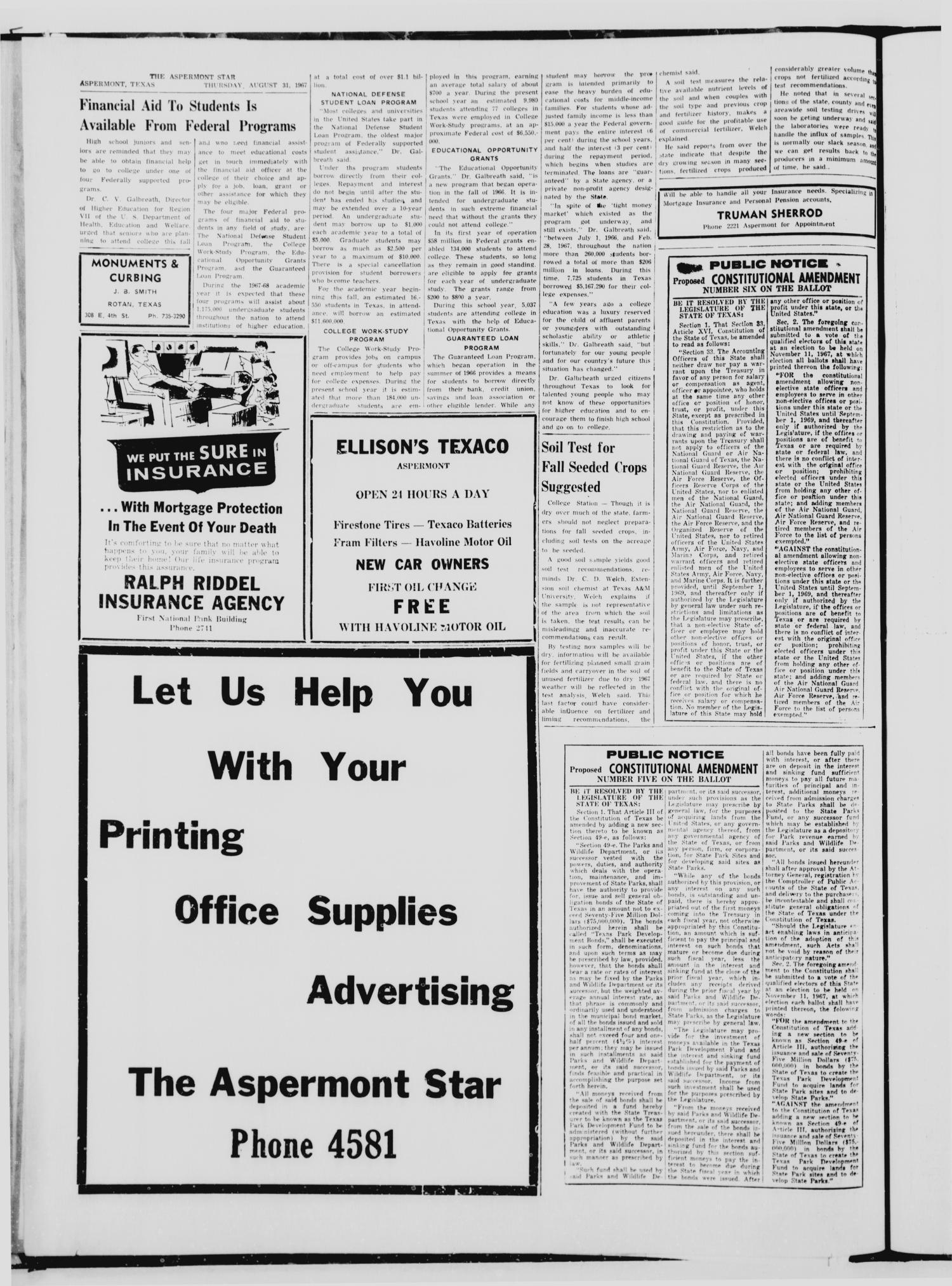 The Aspermont Star (Aspermont, Tex.), Vol. 70, No. 1, Ed. 1  Thursday, August 31, 1967
                                                
                                                    [Sequence #]: 4 of 6
                                                