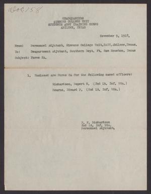 Primary view of object titled '[Memo from R. N. Richardson to Department Adjutant, U. S. Army Southern Department, November 9, 1918]'.