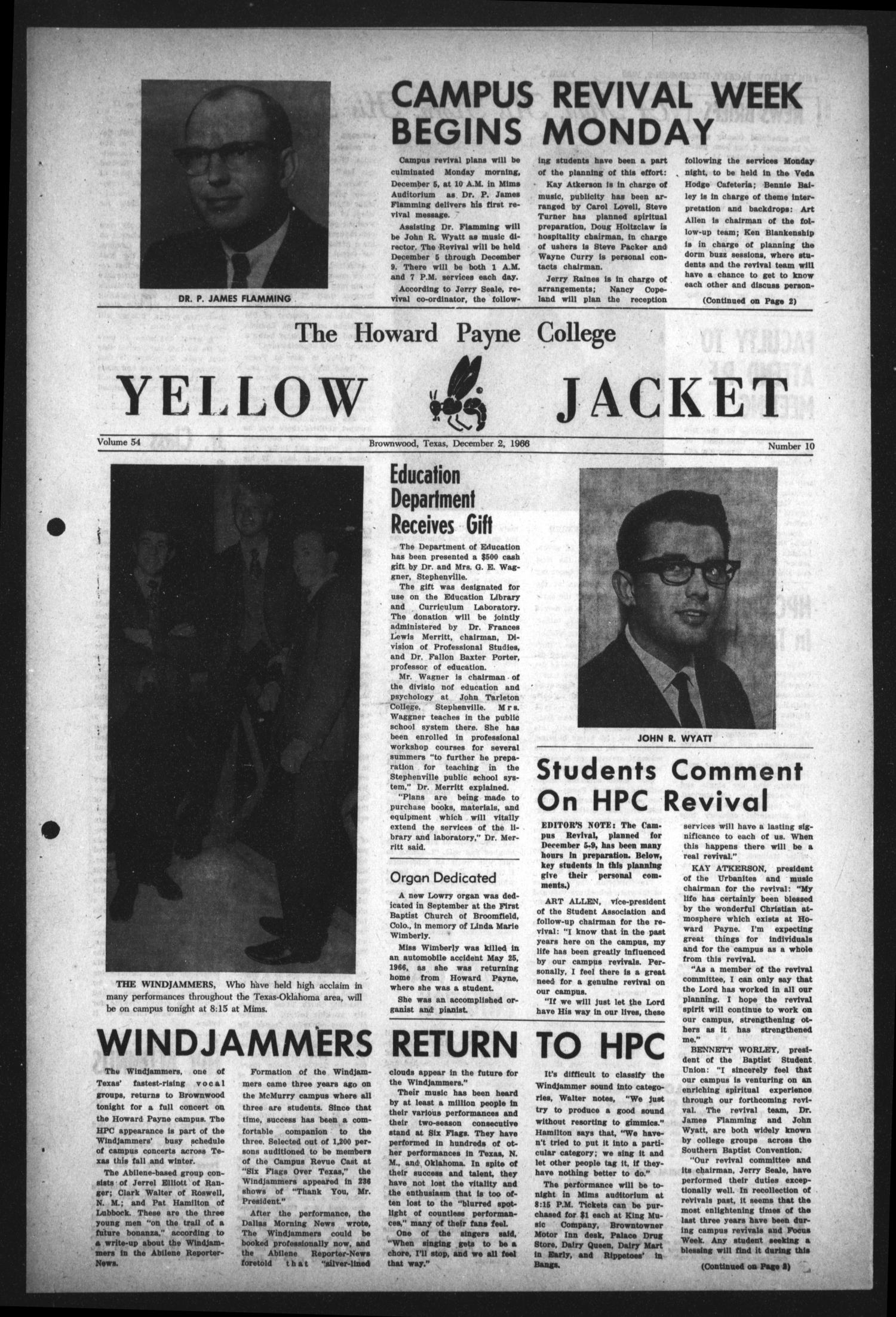 The Howard Payne College Yellow Jacket (Brownwood, Tex.), Vol. 54, No. 10, Ed. 1  Friday, December 2, 1966
                                                
                                                    [Sequence #]: 1 of 4
                                                