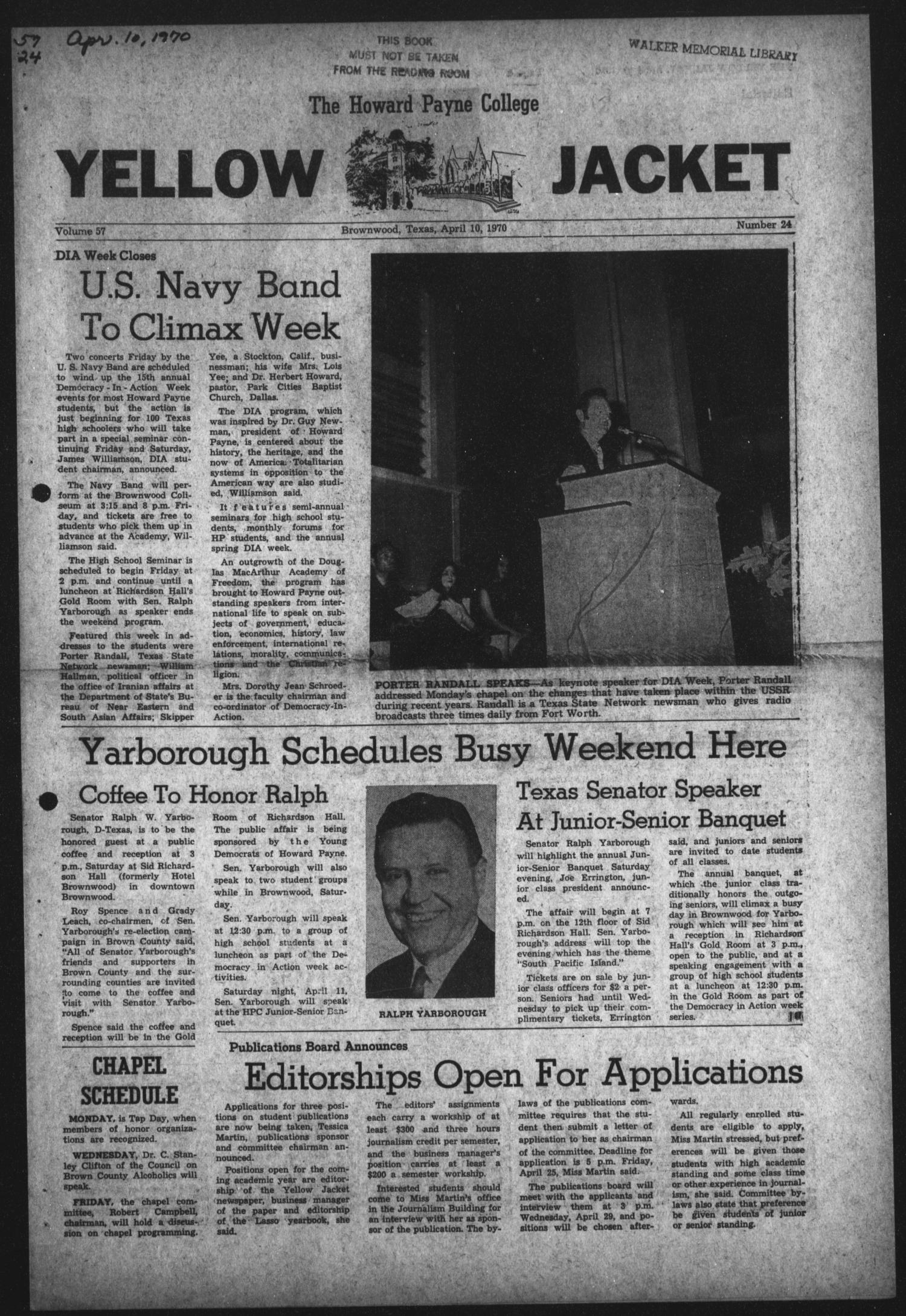 The Howard Payne College Yellow Jacket (Brownwood, Tex.), Vol. 57, No. 24, Ed. 1  Friday, April 10, 1970
                                                
                                                    [Sequence #]: 1 of 4
                                                