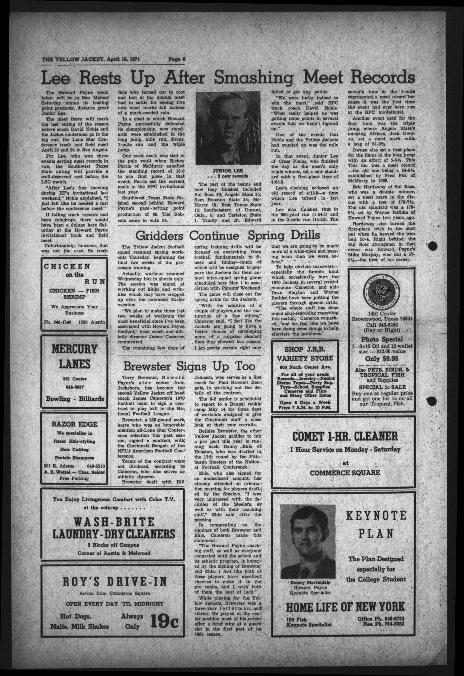 The Howard Payne College Yellow Jacket (Brownwood, Tex.), Vol. 58, No. 26, Ed. 1  Friday, April 16, 1971
                                                
                                                    [Sequence #]: 4 of 4
                                                
