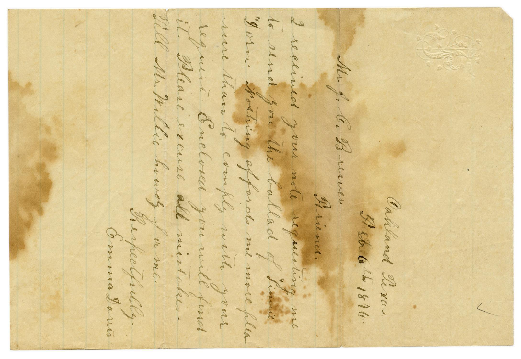 [Letter from Emma Davis to John C. Brewer, February 6, 1876]
                                                
                                                    [Sequence #]: 1 of 2
                                                
