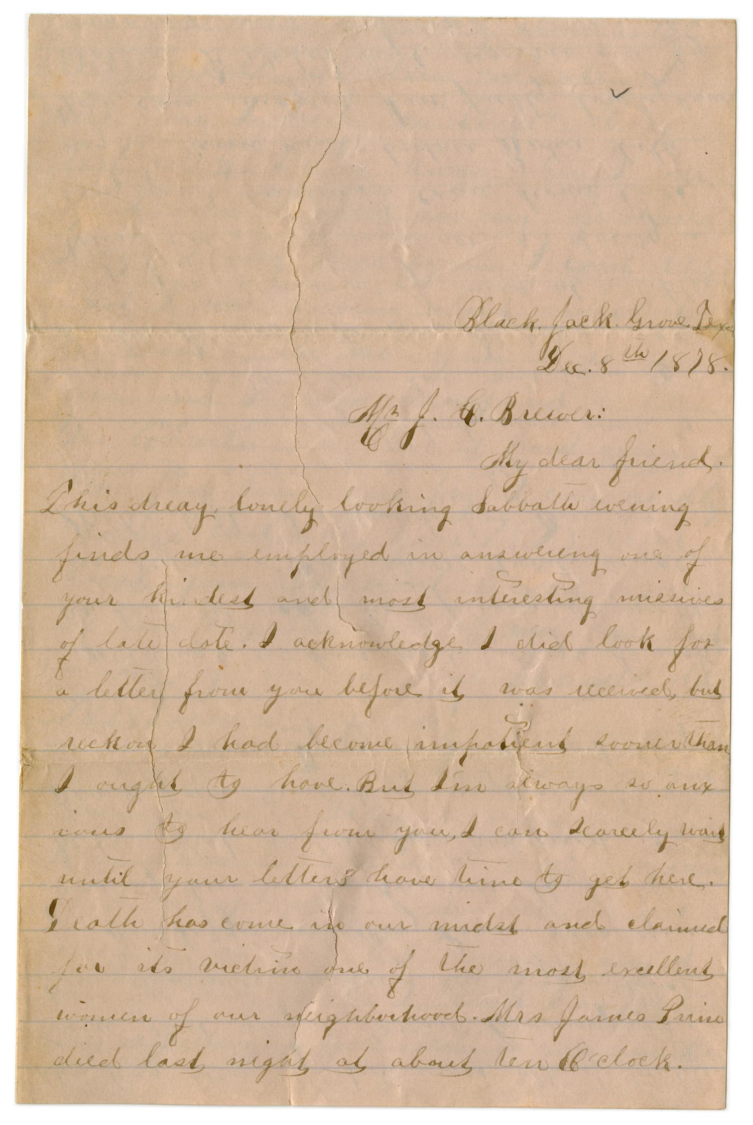 [Letter from Emma Davis to John C. Brewer, December 8, 1878]
                                                
                                                    [Sequence #]: 1 of 3
                                                
