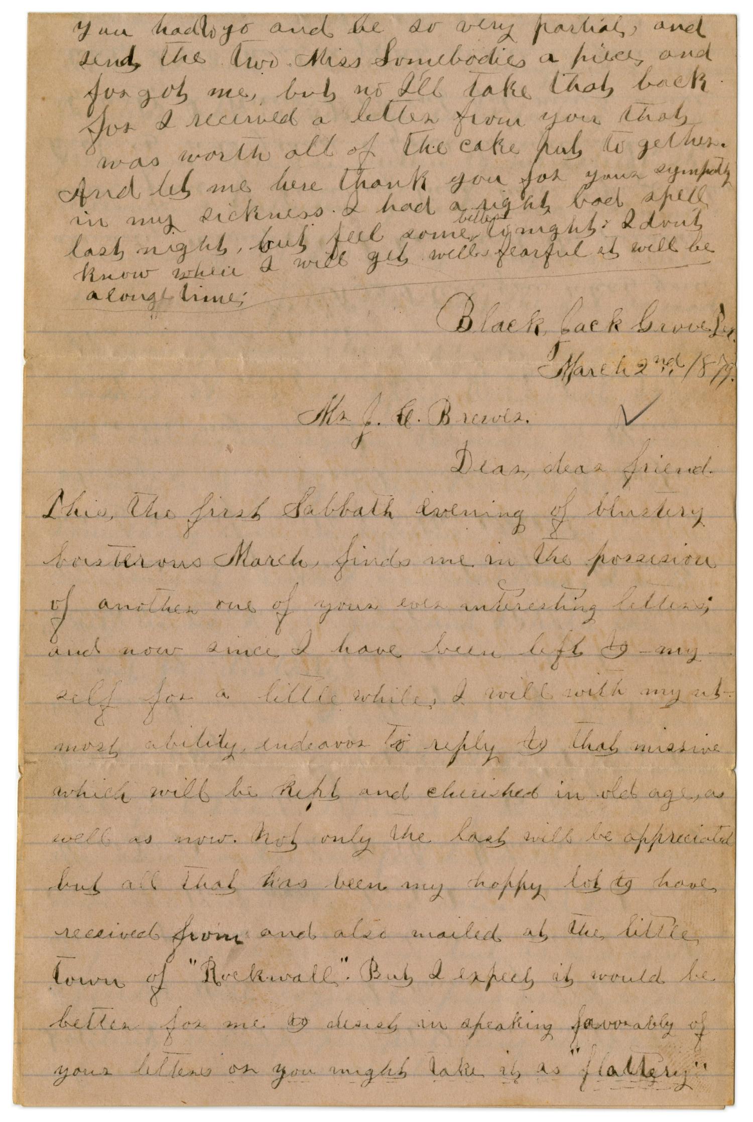 [Letter from Emma Davis to John C. Brewer, March 2, 1879]
                                                
                                                    [Sequence #]: 1 of 6
                                                