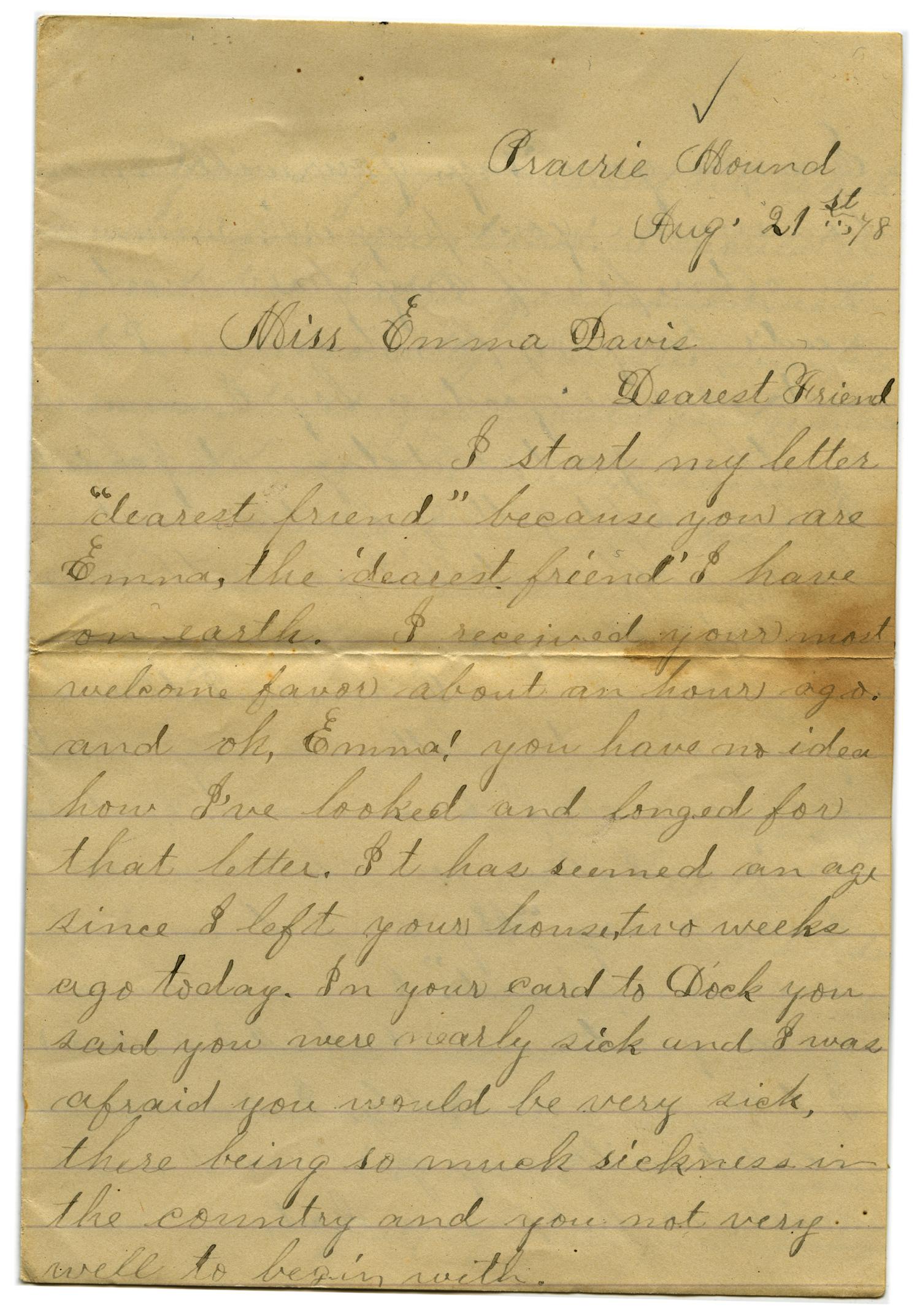 [Letter from John C. Brewer to Emma Davis, August 21, 1878]
                                                
                                                    [Sequence #]: 1 of 6
                                                