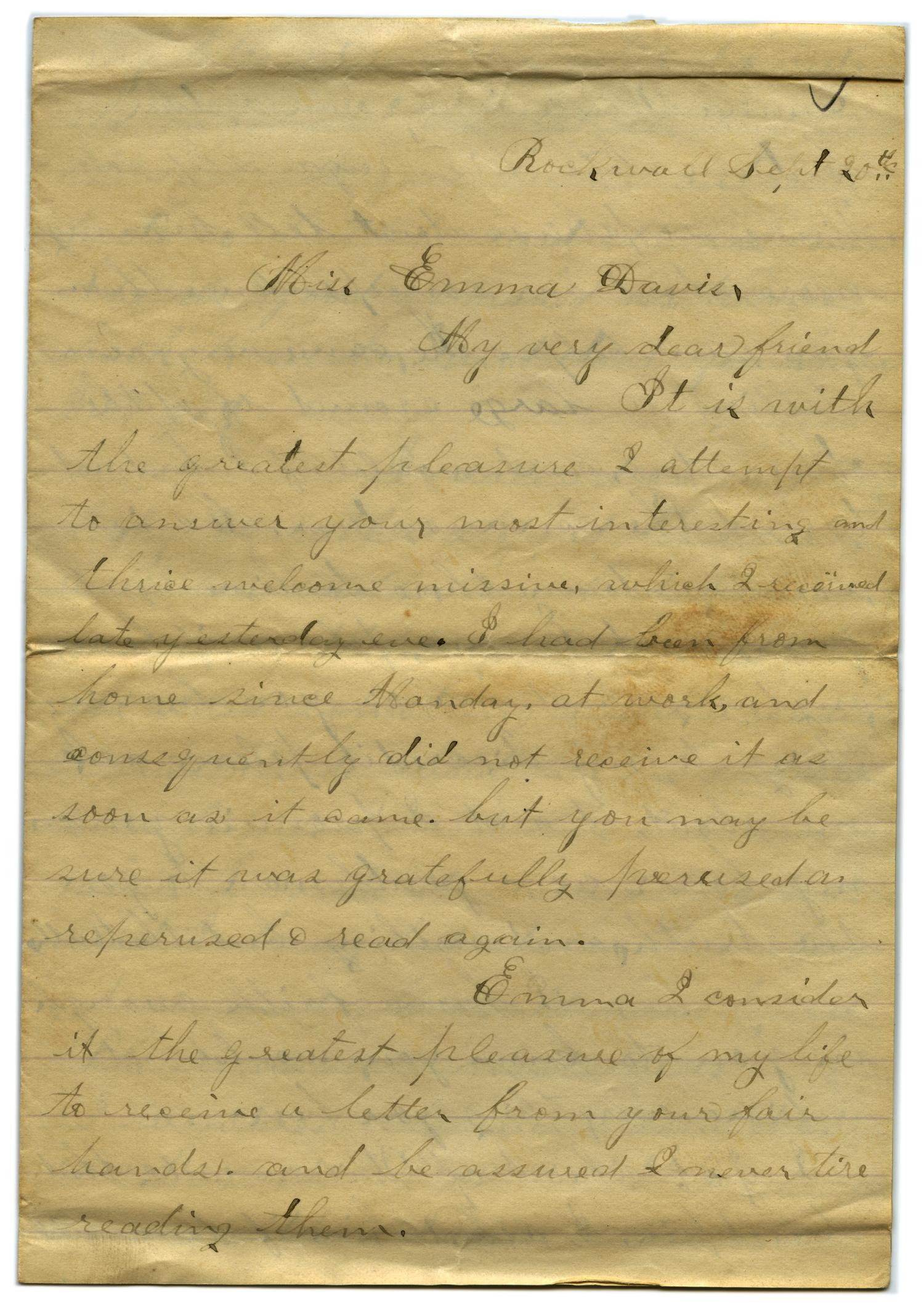 [Letter from John C. Brewer to Emma Davis, September 20, 1878]
                                                
                                                    [Sequence #]: 1 of 5
                                                