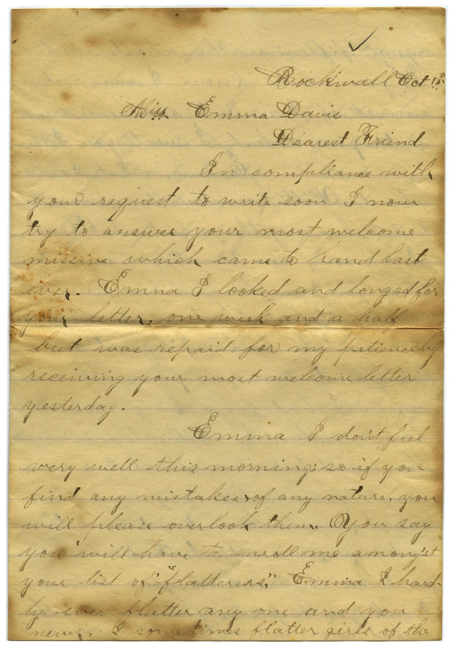 [Letter from John C. Brewer to Emma Davis, October 15, 1878]
                                                
                                                    [Sequence #]: 1 of 6
                                                