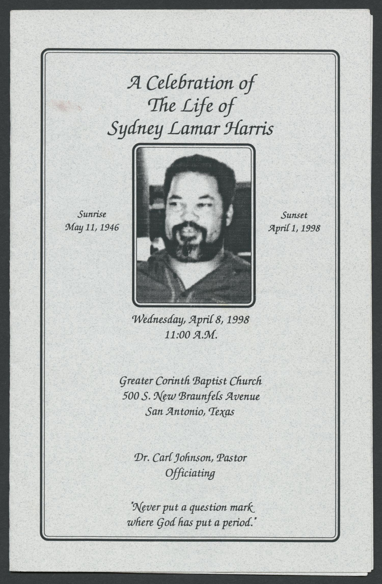 [Funeral Program for Sydney Lamar Harris, April 8, 1988]
                                                
                                                    [Sequence #]: 1 of 5
                                                