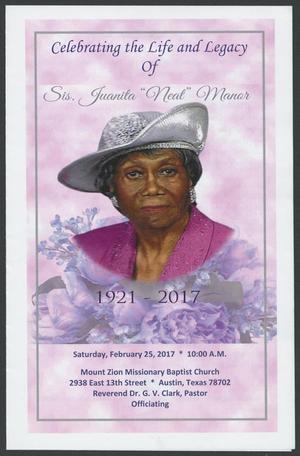 Primary view of object titled '[Funeral Program for Sis. Juanita 'neat' Manor, February 25, 2017]'.