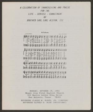 Primary view of object titled '[Funeral Program for Brother Earl Carl Alston, III, October 19, 1992]'.