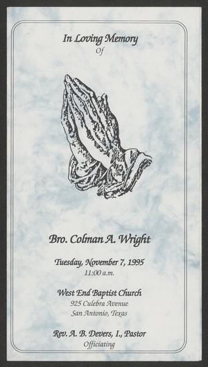Primary view of object titled '[Funeral Program for Bro. Coleman A. Wright, November 7, 1955]'.