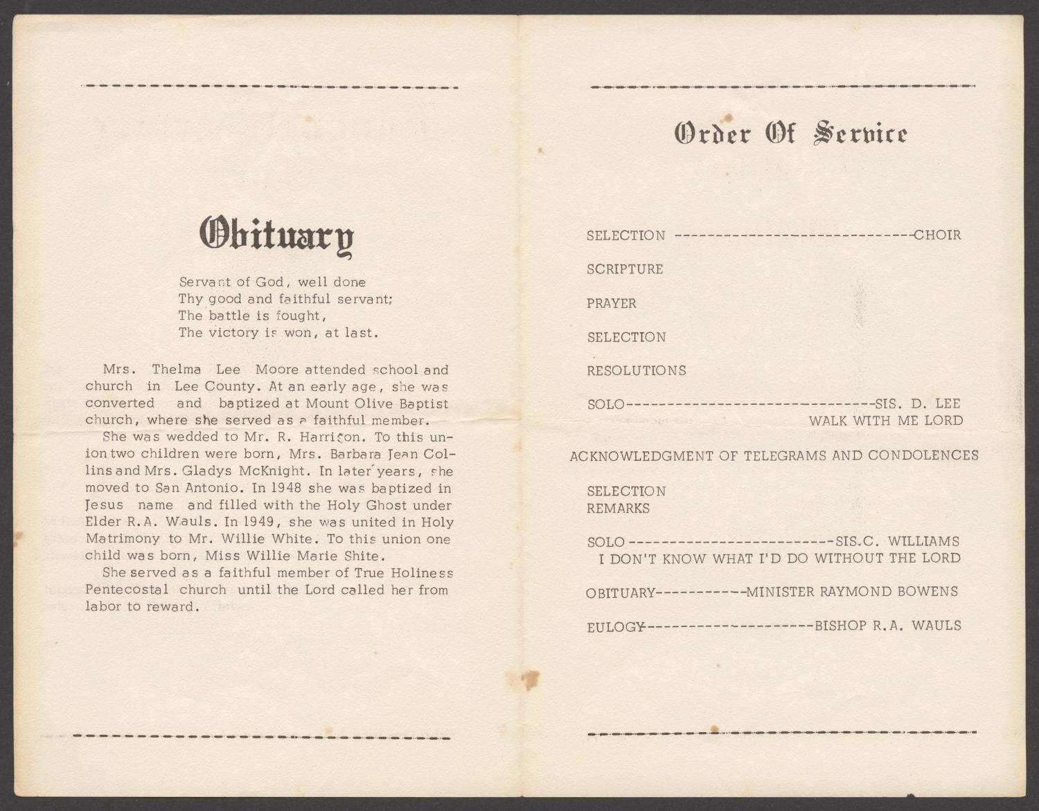 [Funeral Program for Thelma Lee White, December 2, 1967]
                                                
                                                    [Sequence #]: 2 of 3
                                                