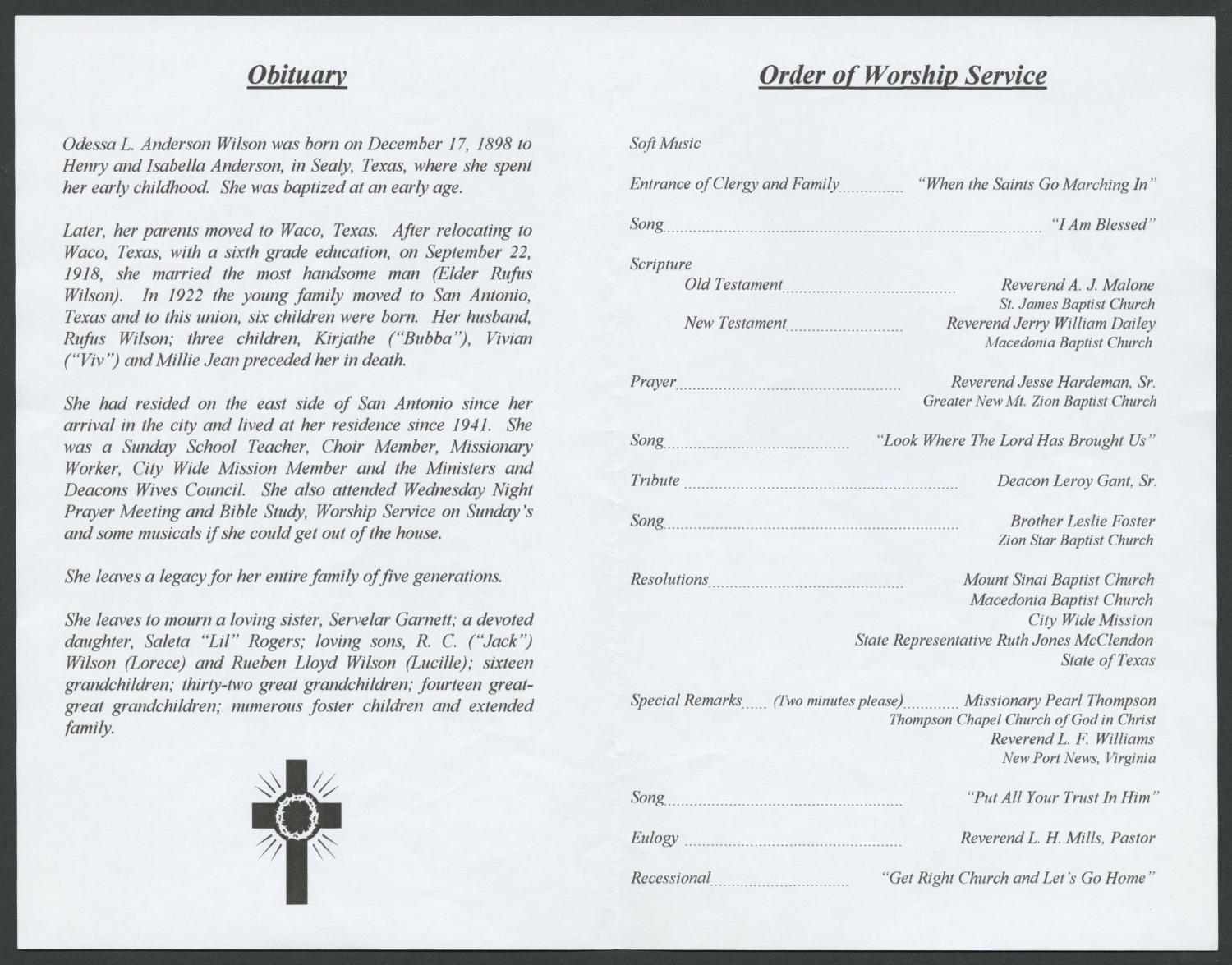 [Funeral Program for Odessa L. Wilson, December 19, 1998]
                                                
                                                    [Sequence #]: 2 of 3
                                                
