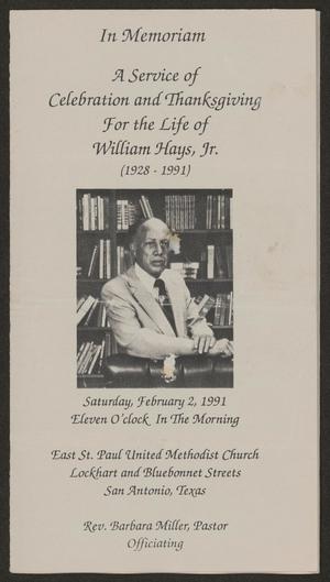 Primary view of object titled '[Funeral Program for William Hays, Jr., February 2, 1991]'.
